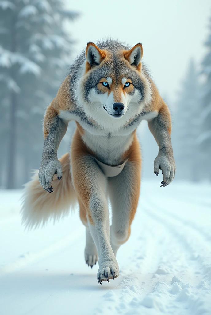 ((alone)), male, human wolf, (Multi-colored fur, White-brown:1.3，White tail pointed), (Height 2.1M,Tail length 10.2M), ((wolf face, big eyes, White eyelids, blue pupils, Slim:1.2) (difficult, Calm expression:1.2)), Slim, ping)), (correct anatomy), (winter clothing:1.1), Naked upper body, (detailed clothing),A long big tail，foot，(Lifelike fur, Detailed fur texture, put on label:1.3)), (natural lighting), lifelike, surreal, Super detailed, at kenkert，snowfield，pass upright，Runs on