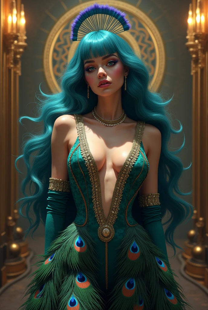 Make a realistic peacock with humanoid features of a woman, who would be a pop singer, inspired by the looks of Melanie Martinez and Lana Del Rey, with a hint of Amy Winehouse
