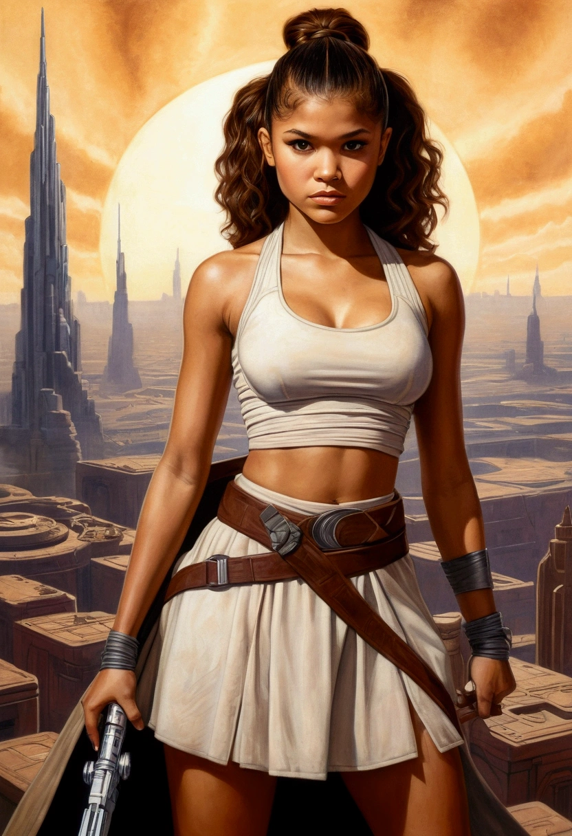 An illustrated movie poster, hand-drawn, full color, a age Jedi, 18-years-old, female, wearing a crop top and a skirt, athletic hourglass figure, busty bosoms, full wide hips, massive round butt, long shapely legs, ridiculously thick powerful thighs, hazel eyes, dark hair, curly ponytail, warm brown complexion, resembles Zendaya, standing above Coruscant, graphite shading, stencil marks, airbrushed acrylic paint, masterpiece, in the style of Drew Struzan