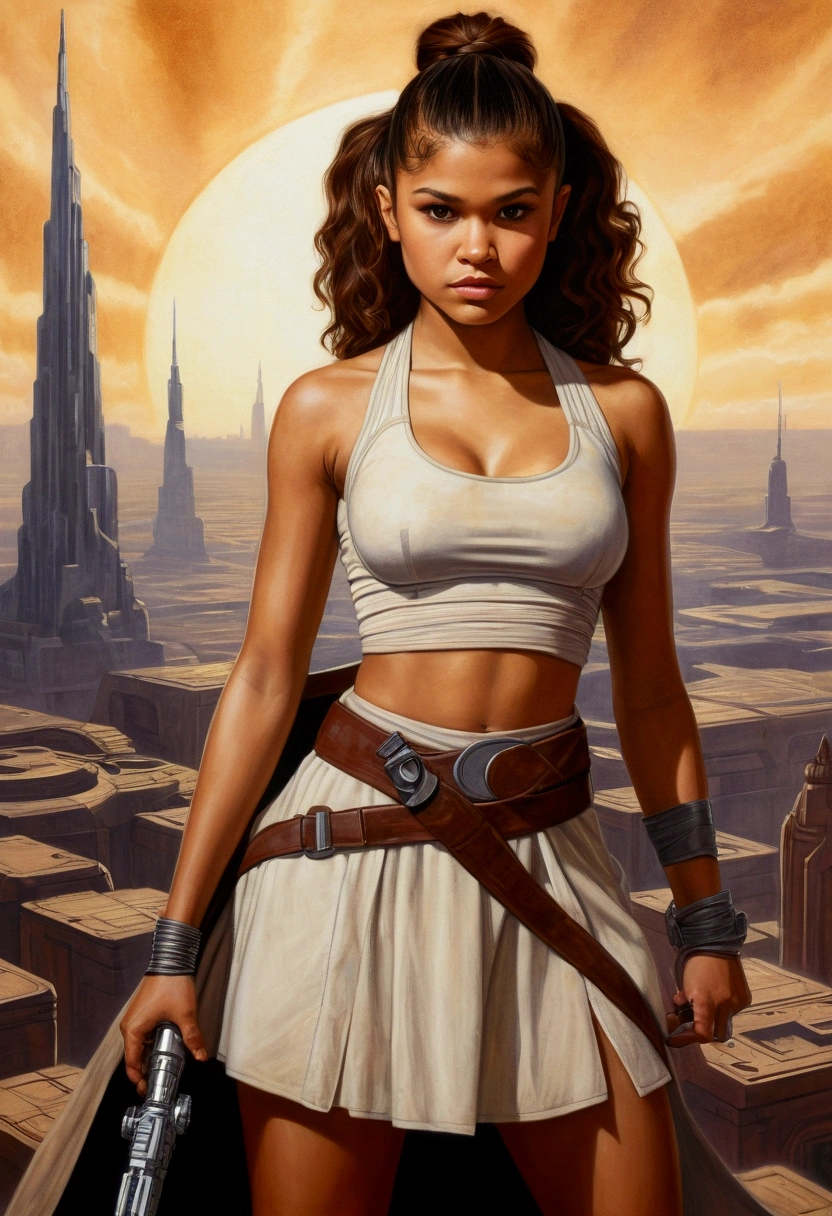 An illustrated movie poster, hand-drawn, full color, a age Jedi, 18-years-old, female, wearing a crop top and a skirt, athletic hourglass figure, busty bosoms, full wide hips, massive round butt, long shapely legs, ridiculously thick powerful thighs, hazel eyes, dark hair, curly ponytail, warm brown complexion, resembles Zendaya, standing above Coruscant, graphite shading, stencil marks, airbrushed acrylic paint, masterpiece, in the style of Drew Struzan