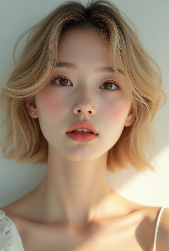 ((best quality)), ((masterpiece)), (detailed), perfect face, no make face, short hair, golden hair ((complete closed mouth)), 20 years old Japanese idol, 1 pretty girl,