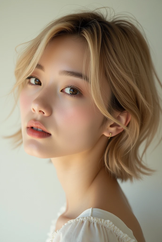 ((best quality)), ((masterpiece)), (detailed), perfect face, no make face, short hair, golden hair ((complete closed mouth)), 20 years old Japanese idol, 1 pretty girl,