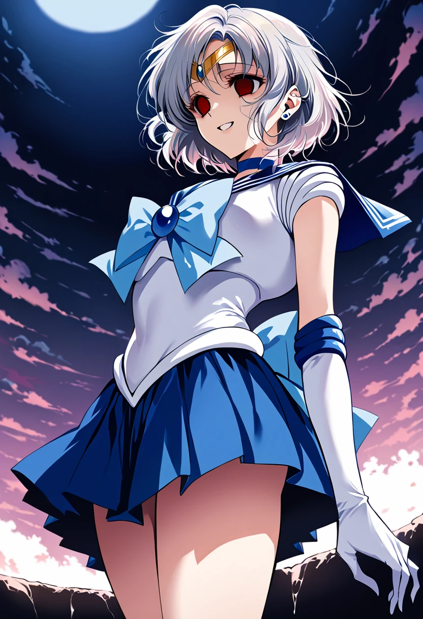 (masterpiece, Highest quality, so beautiful, Very detailed), Intricate details, 12k, Honestly, aamercury, short hair,  tiara, earrings, , blue choker, blue sailor collar, blue bowtie, white shirt, elbow gloves, white gloves, pleated skirt, blue skirt, bare legs, Are standing, Cowboy Shot,,(Wicked Smile:1.2), One person,(Silver Hair:1.4),(empty eyes,:1.4),From below,Watching the dawn,Dark aura,View your audience,(red eyes:1.2),