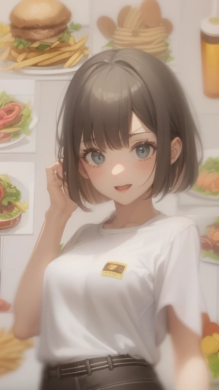 8k, masterpiece,High resolution,Highest quality,Highest quality real texture skin,,Increase the resolution,Highest quality,Very detailed,Cinema Lighting,Ray Tracing, Very colorful,Very cute face, (((Flat Chest))), (Flat Chest:1.1),((((Short Bob Hair)))),Complex eyes,Beautiful attention to detail,Symmetrical eyes,(((detailed aspects))),Beautiful lip detail, Eat french fries with relish,McDonald's,Japanese,Girl,Cute face,Childish expression,A happy smile with a cheek in her mouth,