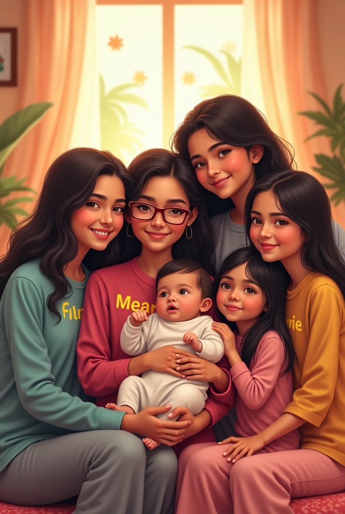 create an image in which 5 girls which are sisters of to20 age sisters name written on his shirts are one younger name is sobia, one name is Malaika, glasses girls name is Meerab and two liistersof age 15 aname is ifr and afreen love with a new born baby , one earing eye spactles and background is full of happiness