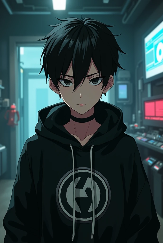 Anime boy, cyberpunk, in room, from head to waist ,boy, logo, black hair, looking smart