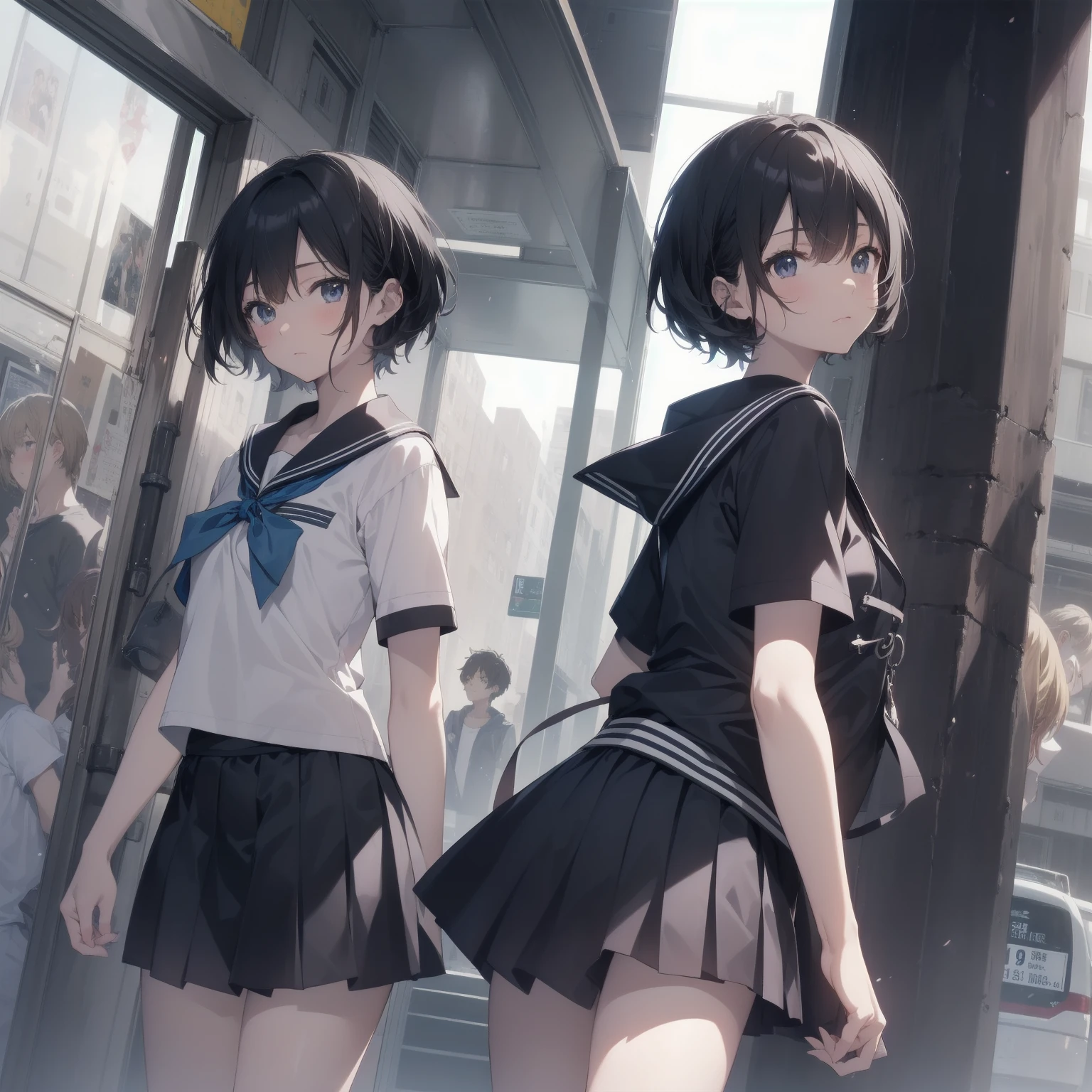 ultra-absurdres-Top quality by artist God, ultra-detailed, high resolution, anime moe artstyle, best anime 8k konachan wallpaper, pixiv contest winner, pool:2810, perfect anatomy,break, 1girl, (Please draw a girl walking sleepily to school alone. )break,(Solo,little female,:1.3),Full limbs, complete fingers,a junior high school student, (very short hair), short cut, flat chest, , small butt, small black eyes, beautiful detailed eyes, well-proportioned iris and pupils, expressive eyes, highres detailed hair, soft expression, salor school_uniform, sailor collar, serahuku, bow, pleated skirt,(Detailed Lighting), (Detailed background), in the School commute route. break,super detailed skin, Best cinematic lighting powered by famous artist, 8k,beauty illustration,photoshop_(medium),very aesthetic,break,((artist:mery_(yangmalgage) )), artist:clamp ,artist:carnelian ,artist:kantoku ,