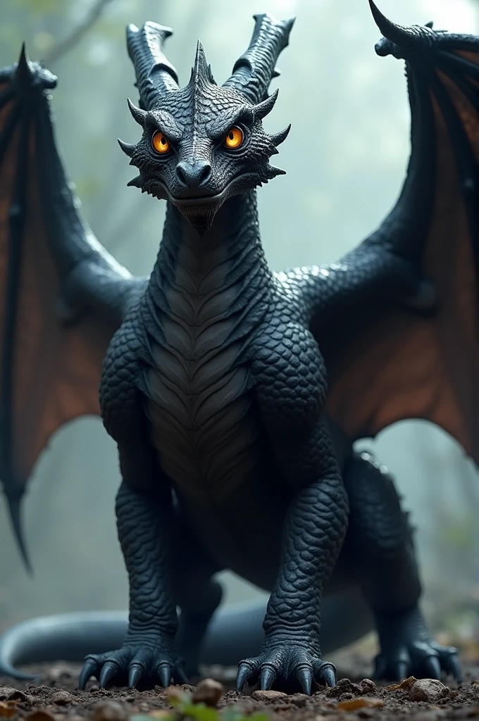As an imposing black Dragon that looks fierce with strength and brave that I have light brown eyes and that is posing showing all its form