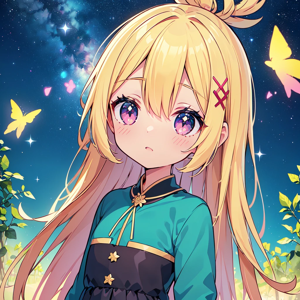 Cute characters、(((Highest quality、Masterpiece、Super detailed、S composition、X Composition、Triangular composition、Square Composition)))、Draw plumeria flower、I look up at the starry sky。Surround her with colorful nebulae and colorful forests。pink、light blue、Blue fantastic light source background、glitter