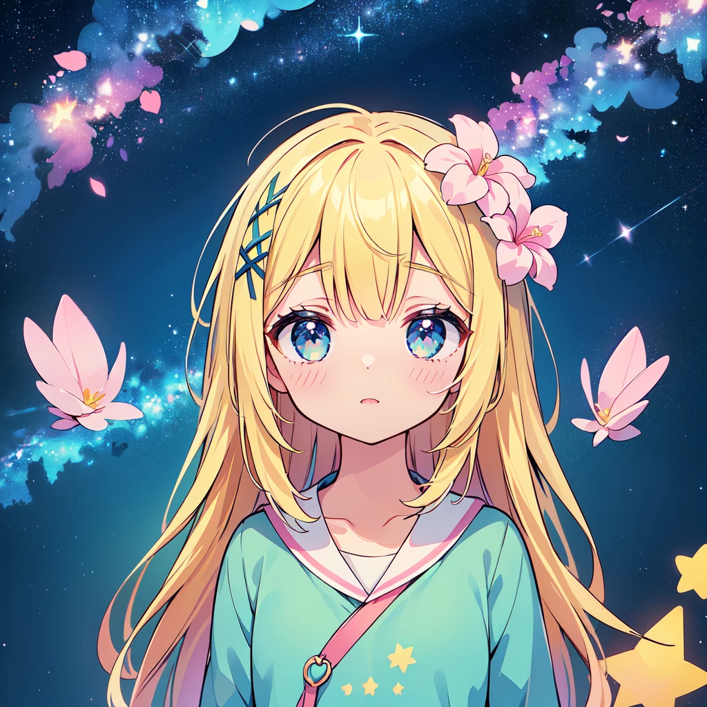 Cute characters、(((Highest quality、Masterpiece、Super detailed、S composition、X Composition、Triangular composition、Square Composition)))、Draw plumeria flower、I look up at the starry sky。Surround her with colorful nebulae and colorful forests。pink、light blue、Blue fantastic light source background、glitter