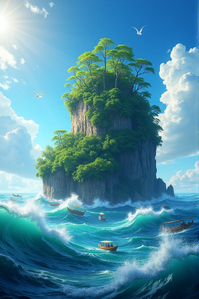 Picture a green and majestic island with the big words 'TAREMPA ISLAND' on its top, surrounded by turbulent sea waves. Add elements of the sun shining behind the island, a bright blue sky with white clouds, traditional boats on the sea, and birds flying around to create a Realistic natural atmosphere. Hyper-realistic, UHD, EPIC SCENE, very complex images