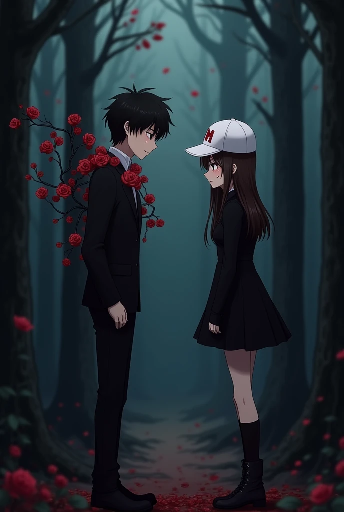 an anime man with black hair and dark maroon eyes and he is wearing a black suit with dark red rose vines twirling around his shoulders and he is wearing a white cap which has a M written on it in red and he is arguing with  and an anime woman with long middle brunette hair and dark brown eyes and she is wearing a black outfit with black socks and black boots and she has the same cap as the anime man and they both are crying tears and they are standing in a dark forest and the man is saying "I think we should be just friends" and they are wearing white caps which have a M written on them in red and tears are coming out of their eyes and they are in sorrow and the woman is crying quietly with her head bent