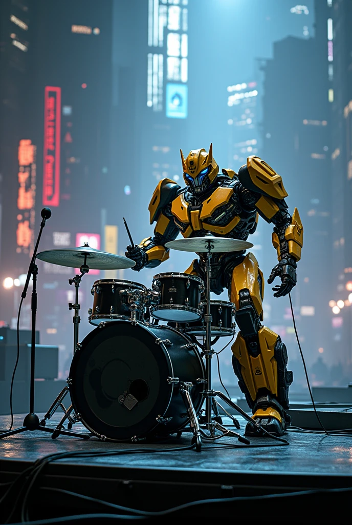 Bumblebee from movie transformer playing drum on stage smoke background,, ((cyberpunk style)), Hi-Tech city, mechanical enhancement, (high-tech fantasy), robotics, blade runner 2049