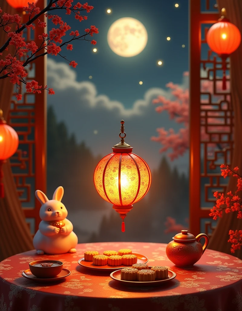 (masterpiece:1.5),(Best quality),(Highly detailed),(Ultra Detailed),(橙色lantern,Chinese embroidery:1.3),(Mid-Autumn Festival),(Full Moon:1.2),(lantern:1.2),(moon cake,Family reunification,桌上的moon cake,Jade Rabbit:1.1),(Tea Set),(Warm colors),(silent Night),(Dinner),(Festive decorations),(Soft lighting),(Starry Sky),(Calm atmosphere)