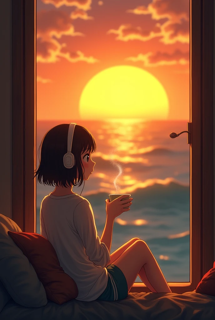 「A girl sitting by a window overlooking the sunset and waves。She holds the headphones in one hand、He has his hand on his coffee cup with a sleepy expression.。The girl is exuding a calm atmosphere while listening to music.、A pleasant breeze comes in through the window and stirs my hair。Outside the window、A beautiful yellow and orange sunset and waves spread out、It depicts a fantastic Ghibli-style landscape.。」