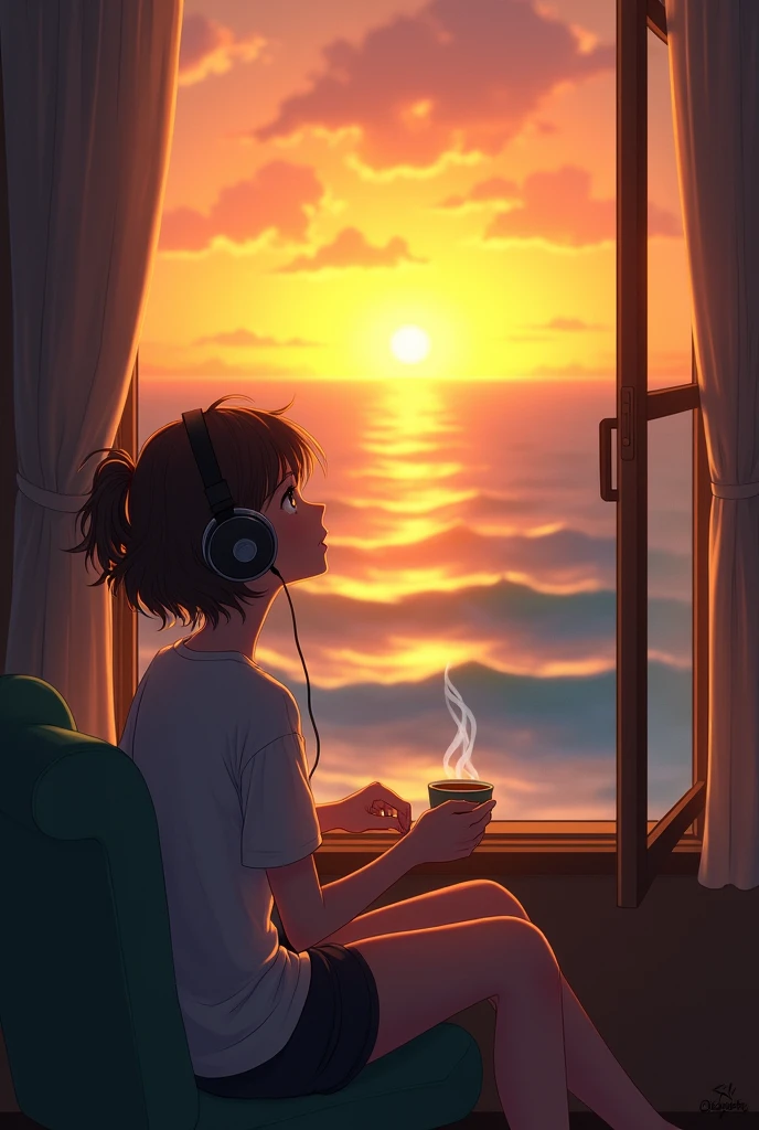 「A girl sitting by a window overlooking the sunset and waves。She holds the headphones in one hand、He has his hand on his coffee cup with a sleepy expression.。The girl is exuding a calm atmosphere while listening to music.、A pleasant breeze comes in through the window and stirs my hair。Outside the window、A beautiful yellow and orange sunset and waves spread out、It depicts a fantastic Ghibli-style landscape.。」