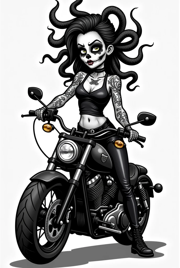 (Black and white doodle style cartoon) Woman with hair with several Medusa-style snakes, mexican santa muerte style skull face, leather outfit, moto custom, tattooed