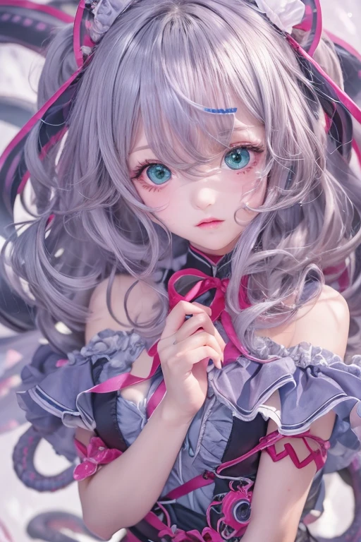(((SFW、sound、Highest quality、first class、masterpiece、Normal body、8k、Detailed face、Ultra-precision、Normal hand、通常のrefer、5refer、Highest)))、beautiful girl、Silver Hair、Odd Eye((Emerald、brown))、Shortcuts、Bobcut、High leg leotard、Colorful frill mini skirt、Bright ribbon on the right side of the head、Frill ribbon on chest、Large frill ribbon on the back、Shirai Hinako - Blue Reflection、Transform、Magical girl、blush、Injecting an aphrodisiac、Estrus、Confused、Feeling embarrassed、Open your mouth、Round 1、bondage、Bind with tentacles、Bound by tentacles、Binding with arms spread out、Spread your legs and tie them、触手bondage、Crucifixion、Giant tentacles、Tentacle restraint、触手にCrucifixion、Heart Eyes、I was hooked、Ahegao、The costume is torn、Clothes were torn
