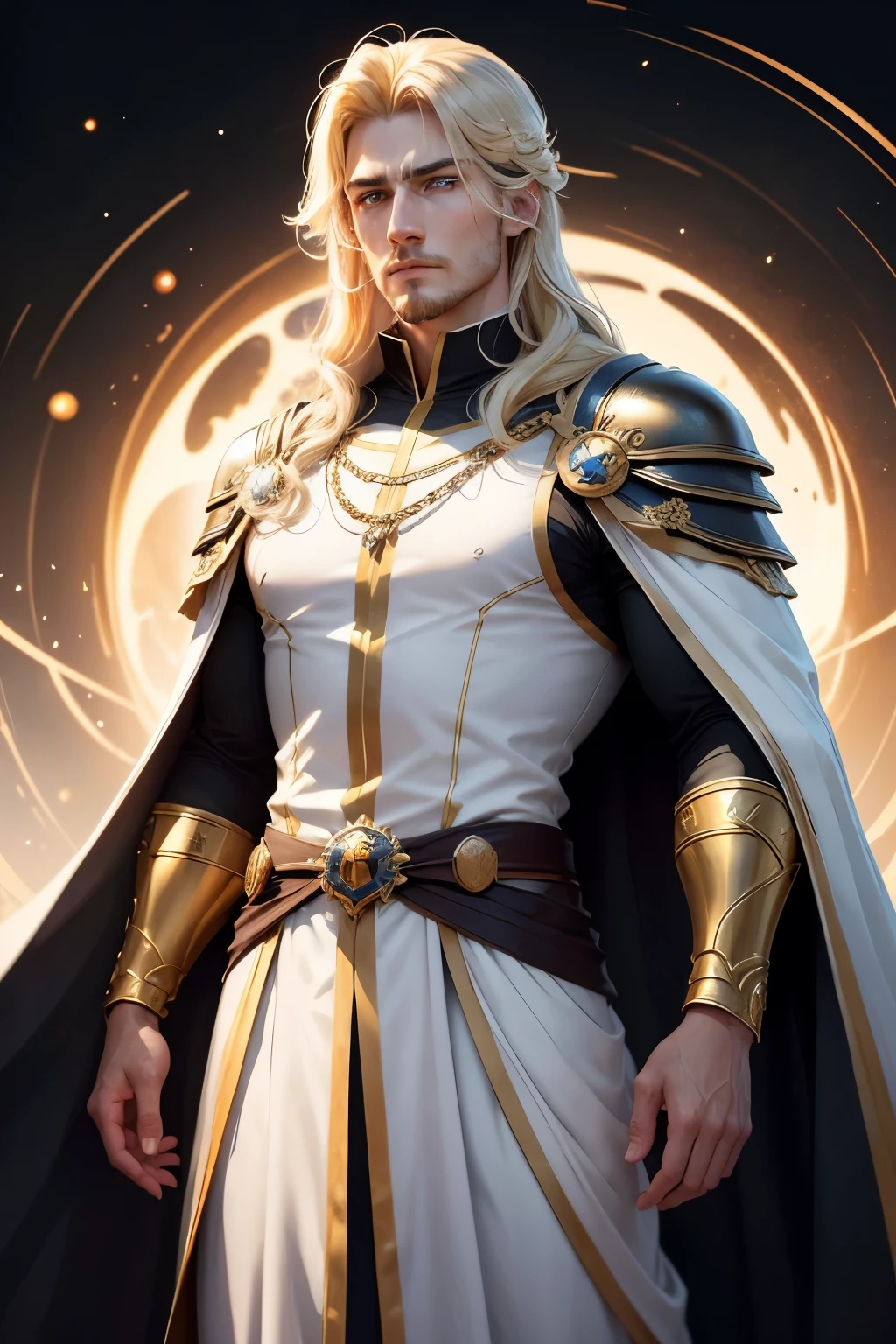 Hair: Aurelius has golden-blonde hair that gleams like sunlight, with a few loose strands framing his face and the rest neatly tied back and he doesn't have any beards or mustache. His hair gains a subtle dark shimmer when he uses his black hole magic.
Eyes: His eyes are a brilliant white with flecks of gold, glowing softly. When using dark magic, they exhibit a swirling dark aura, resembling a black hole.
Build:
Standing at 6'2", Aurelius has an athletic and well-toned physique. His presence is both commanding and thoughtful, reflecting his blend of royal grace and intellectual depth.
Clothing: Aurelius wears a white and gold-trimmed royal cloak with the Clover Kingdom’s insignia. His attire is a fusion of royal elegance and practical combat gear, with light armor featuring dark accents when he utilizes his black hole attributes