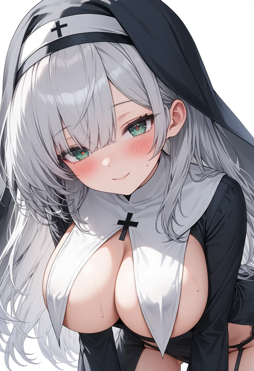 (muste piece), (best quality), (score_9, score_8_up, score_7_up), very detailed eyes, expressive eyes, perfect face, very detailed face, highly detailed face, beautiful girl, 8K, beautiful girl, (white background:1.3), delicate and beautiful face and eyes, dark intense shadow, 1 girl, solo, vtuber style, cool girl, hololive, vtuber, Shirogane Noel, silver hair, green eyes, nun uniform, habit, black dress, underboob, breast curtains, pelvic curtain, garter belt, white thighhighs, high cut skirt, soft smile, cameltoe, very big chest, cleavage, ass visible through thighs, standing, blush, sweating, half-closed eyes,