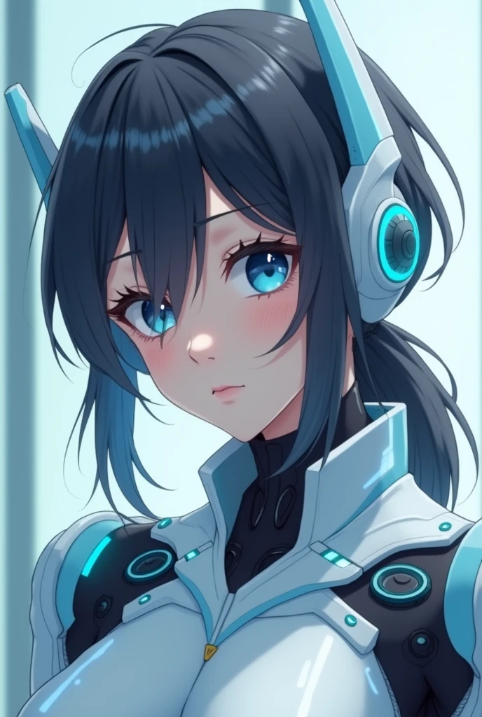 realistic,8k,professional camera angle,a close up of a woman in a white and blue suit, perfect android girl, perfect anime cyborg woman, cute cyborg girl, beutiful girl cyborg, cyborg - girl, gynoid cyborg body, cyborg girl, japanese cyborg, beutiful white girl cyborg, anime cyborg, perfect cyborg female, girl in mecha cyber armor, beautiful female android!, echo from overwatch