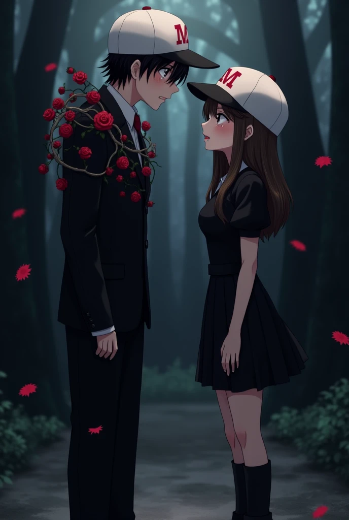 an anime man with black hair and dark maroon eyes and he is wearing a black suit with dark red rose vines twirling around his shoulders and he is wearing a white cap which has a M written on it in red and he is arguing with  and an anime woman with long middle brunette hair and dark brown eyes and she is wearing a black outfit with black socks and black boots and she has the same cap as the anime man and they both are crying tears and they are standing in a dark forest and the man is saying "I think we should be just friends" and they are wearing white caps which have a M written on them in red and tears are coming out of their eyes and they are in sorrow and the woman is crying quietly with her head bent