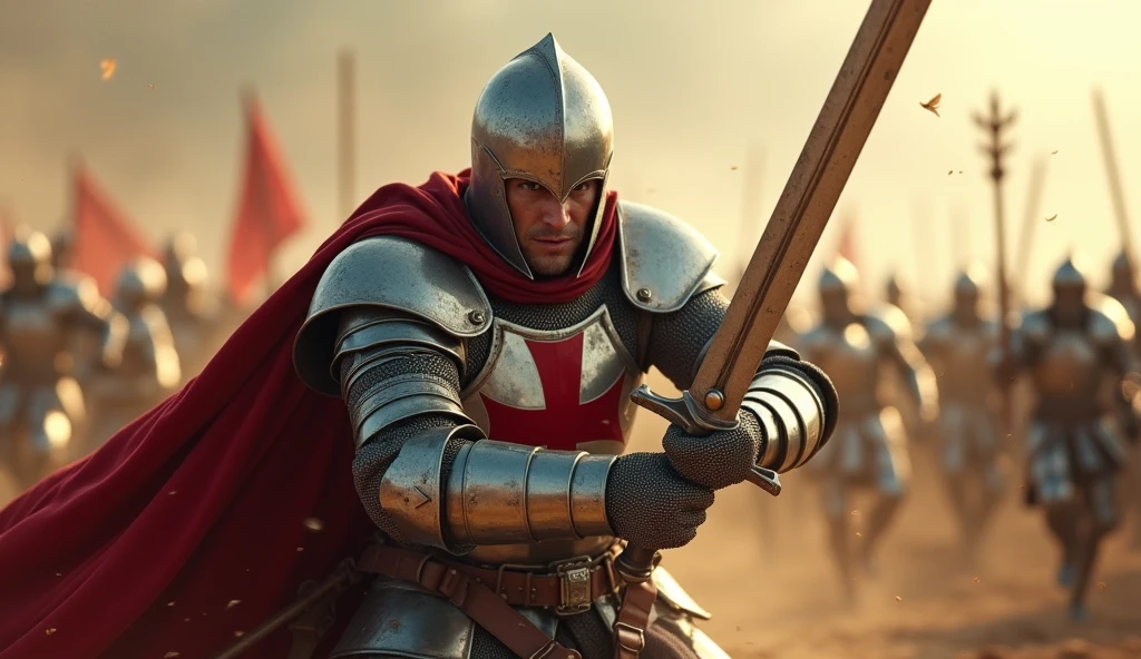 "A highly realistic, high-contrast, 8K HD, detailed, hyper-detailed image of the Crusader protagonist in full focus as he powerfully swings his sword downward on the battlefield. The protagonist is clad in steel armor with a red cross prominently displayed on his chest, his face showing intense determination. The background is a chaotic battlefield, but the focus remains on the protagonist, capturing the moment of impact as his sword slices through the air. The atmosphere is filled with tension and energy, with dust and debris swirling around, adding to the drama of the scene. The image is of the highest quality, with ultra-high resolution, RAW photo quality, and Unreal Engine rendering, highlighting the strength and resolve of the protagonist as he fights with unwavering determination."