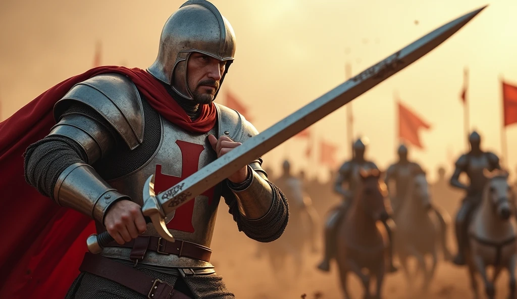 "A highly realistic, high-contrast, 8K HD, detailed, hyper-detailed image of the Crusader protagonist in full focus as he powerfully swings his sword downward on the battlefield. The protagonist is clad in steel armor with a red cross prominently displayed on his chest, his face showing intense determination. The background is a chaotic battlefield, but the focus remains on the protagonist, capturing the moment of impact as his sword slices through the air. The atmosphere is filled with tension and energy, with dust and debris swirling around, adding to the drama of the scene. The image is of the highest quality, with ultra-high resolution, RAW photo quality, and Unreal Engine rendering, highlighting the strength and resolve of the protagonist as he fights with unwavering determination."
