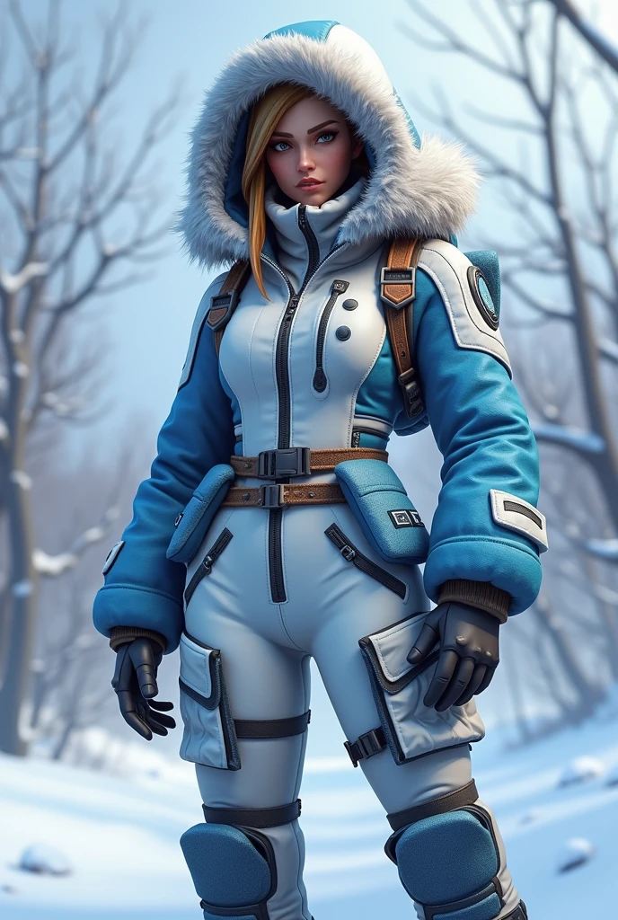 full length fortnite style girl, in a Russian winter suit