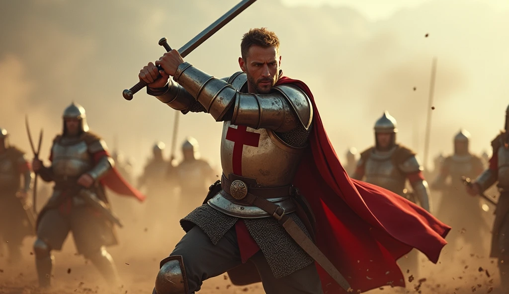 "A highly realistic, high-contrast, 8K HD, detailed, hyper-detailed image of the Crusader protagonist in full focus as he powerfully swings his sword downward on the battlefield. The protagonist is clad in steel armor with a red cross prominently displayed on his chest, his face showing intense determination. The background is a chaotic battlefield, but the focus remains on the protagonist, capturing the moment of impact as his sword slices through the air. The atmosphere is filled with tension and energy, with dust and debris swirling around, adding to the drama of the scene. The image is of the highest quality, with ultra-high resolution, RAW photo quality, and Unreal Engine rendering, highlighting the strength and resolve of the protagonist as he fights with unwavering determination."