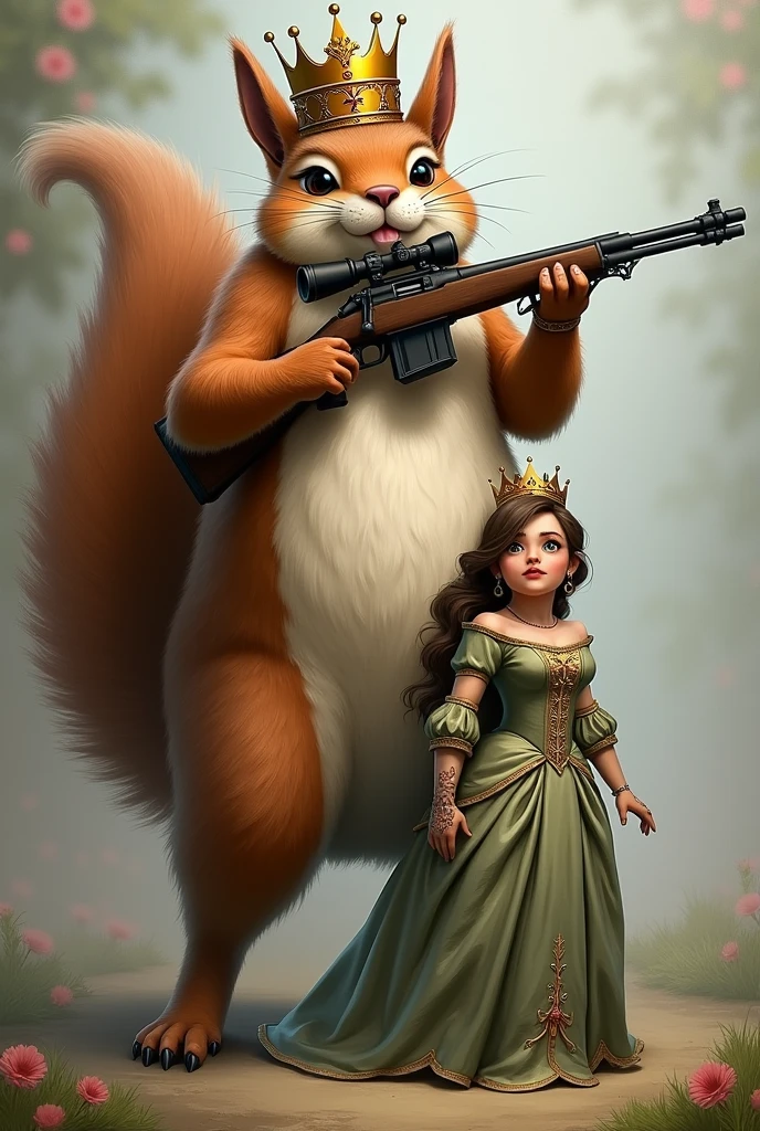 Fat squirrel with crown on his head and sniper in his hand and on his belly stands Hassfurt Princess 