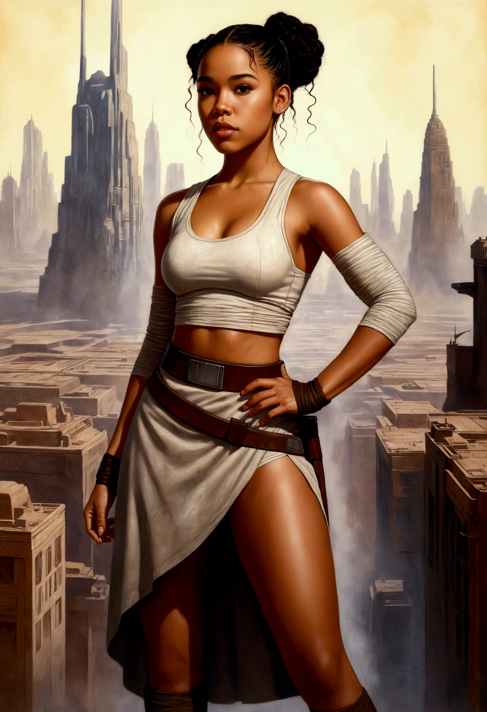 An illustrated movie poster, hand-drawn, full color, a age Jedi, 18-years-old, female, wearing a crop top and a skirt, athletic hourglass figure, busty bosoms, full wide hips, massive round butt, long shapely legs, ridiculously thick powerful thighs, hazel eyes, dark hair, curly ponytail, warm brown complexion, resembles Alexandra Shipp, standing above Coruscant, graphite shading, stencil marks, airbrushed acrylic paint, masterpiece, in the style of Drew Struzan