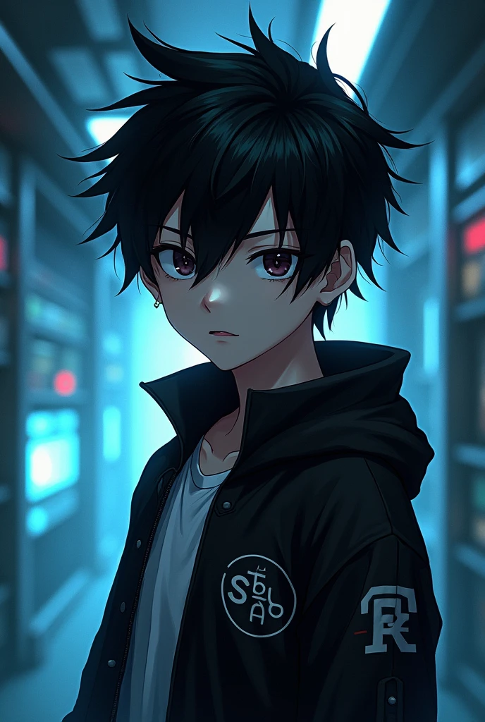 Anime boy, cyberpunk, in room, from head to waist ,boy, logo, black hair, looking smart, for dp