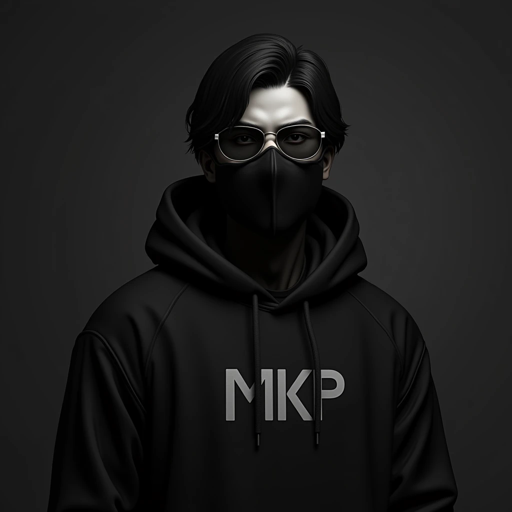 A monochromatic digital artwork featuring a boy age 24 with good face and with a serious expression, wearing a black hoodie and black face mask. The character has sleek black hair and futuristic sunglasses . The hoodie has a unique design of a MKP . The background is a smooth, dark, adding to the overall mysterious and cool vibe of the image