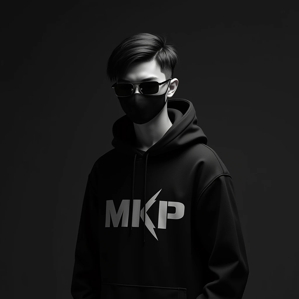A monochromatic digital artwork featuring a boy age 24 with good face and with a serious expression, wearing a black hoodie and black face mask. The character has sleek black hair and futuristic sunglasses . The hoodie has a unique design of a MKP . The background is a smooth, dark, adding to the overall mysterious and cool vibe of the image
