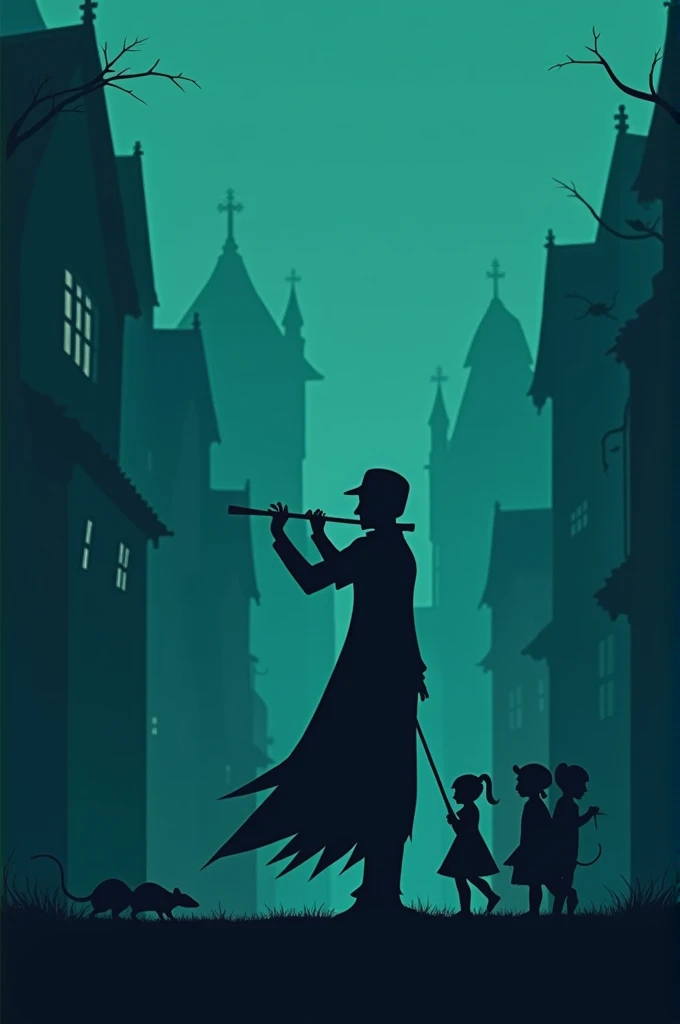"Minimalist silhouette art inspired by Olly Moss, depicting a haunting scene from 'The Pied Piper of Hamelin.' The Pied Piper is shown in the first third of the image, playing his flute, his silhouette tall and enigmatic. In the background, the town of Hamelin is barely visible, with dark rooftops and narrow streets. A trail of children follows the Piper, their small silhouettes blending into the shadows.
The scene is tinted in deep blues and eerie greens, with subtle rat-like shapes or tails intertwined in the shadows, evoking a sense of foreboding and mystery."