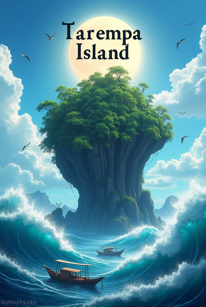 Picture a green and majestic island with the big words 'TAREMPA ISLAND' on its top, surrounded by turbulent sea waves. Add elements of the sun shining behind the island, a bright blue sky with white clouds, traditional boats on the sea, and birds flying around to create a Realistic natural atmosphere. Hyper-realistic, UHD, EPIC SCENE, very complex images