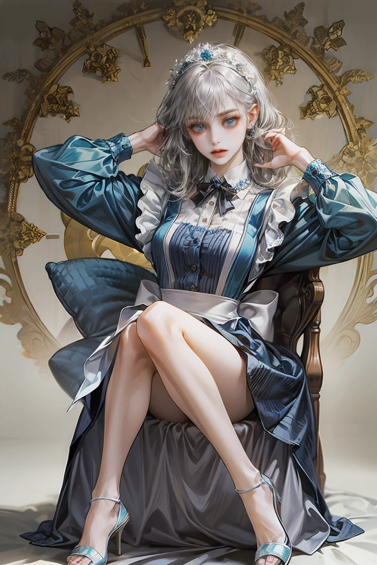 (masterpiece, top quality, best quality) pixel art, 1girl full body from toe to head, gray hair, Blue Eyes, Blue Maid Dress