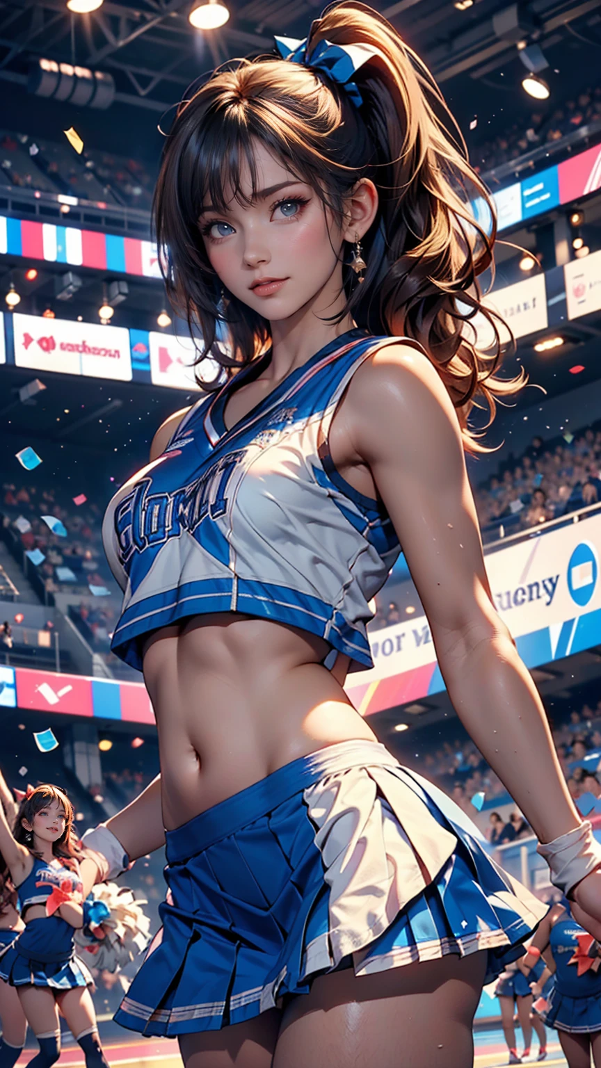 Cheerleader,A small smile,cheer leading,Cheerleader uniform, (((masterpiece))), (((Highest quality))), ((Very detailed)), (figure), ((Very delicate and beautiful)),(Bokeh,Blurred Background),(Best Shadow), One person,White panties, Black Hair, Long Hair, cute,cute,change, Shining highlight spots around the eyes, Character Focus,Tilt your head,