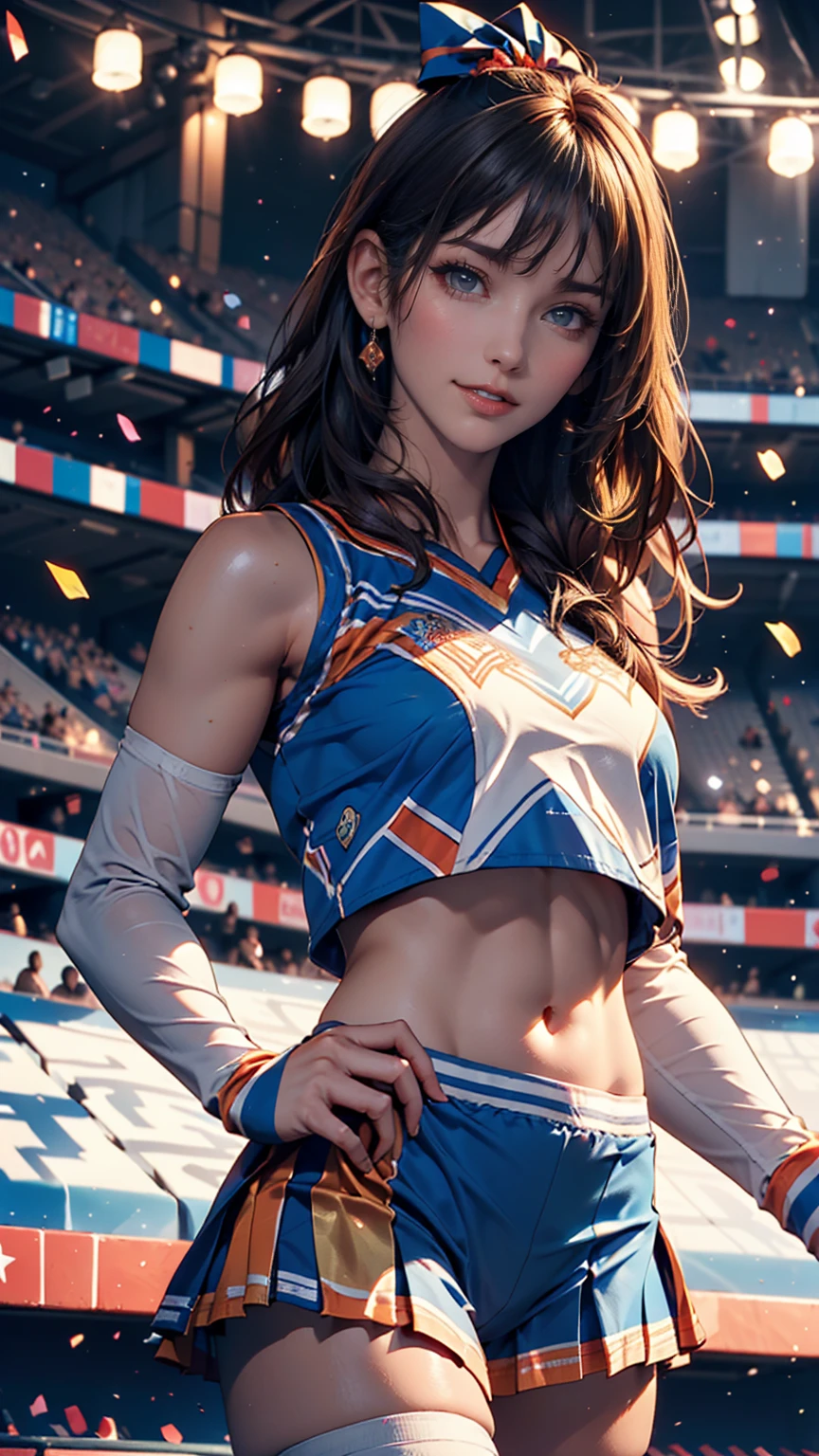 Cheerleader,A small smile,cheer leading,Cheerleader uniform, (((masterpiece))), (((Highest quality))), ((Very detailed)), (figure), ((Very delicate and beautiful)),(Bokeh,Blurred Background),(Best Shadow), One person,White panties, Black Hair, Long Hair, cute,cute,change, Shining highlight spots around the eyes, Character Focus,Tilt your head,