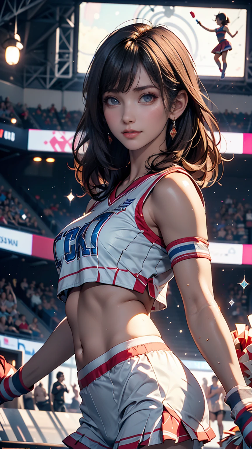 Cheerleader,A small smile,cheer leading,Cheerleader uniform, (((masterpiece))), (((Highest quality))), ((Very detailed)), (figure), ((Very delicate and beautiful)),(Bokeh,Blurred Background),(Best Shadow), One person,White panties, Black Hair, Long Hair, cute,cute,change, Shining highlight spots around the eyes, Character Focus,Tilt your head,