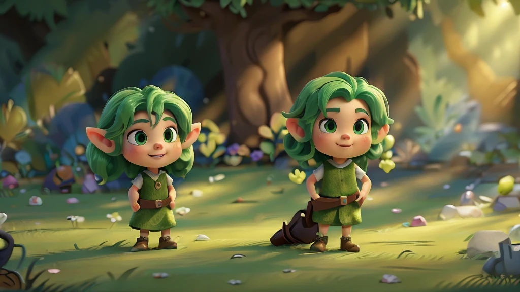 elves (green hair) con expresión decided, thrilled, In the background a forest full of garbage, Best Quality, extra detailed , sharp focus, physics-based representation, extreme details description, fantasy, magic, details on body ,thrilled, decided, Details in eyes, dark lighting,