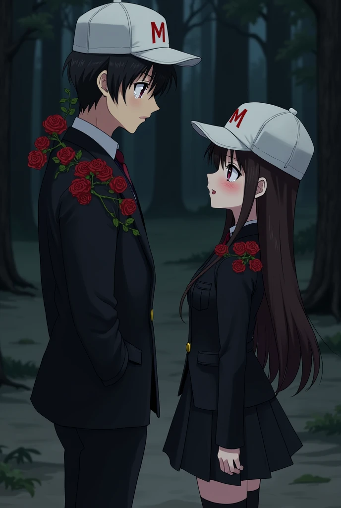 an anime man with black hair and dark maroon eyes and he is wearing a black suit with dark red rose vines twirling around his shoulders and he is wearing a white cap which has a M written on it in red and he is arguing with  and an anime woman with long middle brunette hair and dark brown eyes and she is wearing a black outfit with black socks and black boots and she has the same cap as the anime man and they both are crying tears and they are standing in a dark forest and the man is saying "I think we should be just friends" and they are wearing white caps which have a M written on them in red and tears are coming out of their eyes and they are in sorrow and the woman is crying quietly with her head bent