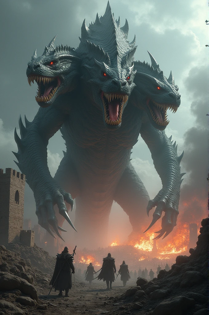 Enemy kingdom attacking another with a three-headed monster 