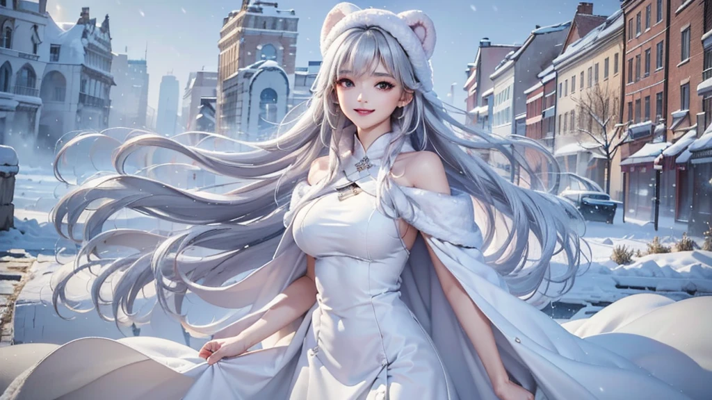(Close-up image) masterpiece、Highest quality、1 person, winter, Silver Hair, cute, smile, Close the mouse, Large Breasts, Side bust:1.4, White Dress, off shoulder winter clothes, Long skirt, Fur coat、Narrow waist、Thin legs、Outdoor, Lake front, it's snowing, Prayer Pose, Holding hands, from the front