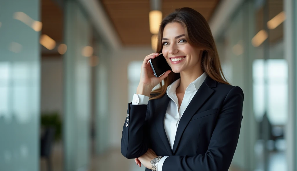 a businesswoman in formal wear, Grinning, Using the cellphone