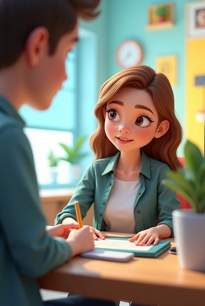 light brown haired girl using a computer writing digital certificate on the screen taking customer biometrics with a male customer on a disney pixar style office background