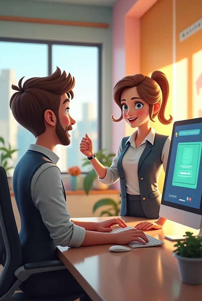 light brown haired girl using a computer writing digital certificate on the screen taking customer biometrics with a male customer on a disney pixar style office background