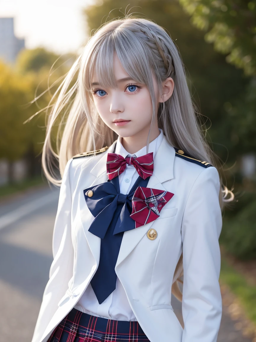 Her long silver hair flutters gracefully in the wind、Detailed close-up image of a young anime girl. The characters are large, Bright blue eyes with a strong yet calm expression. She wears a detailed uniform, White shirt with red bowtie, A dark blazer with a gold crest on the shoulders, Pair it with a plaid skirt with fine pleats.. The girl&#39;s hair is painted in intricate detail, One hair stands out. The lighting is warm and golden, Sunset background, It adds depth and softness to her features.. The overall atmosphere is one of strength and elegance., Her dynamic pose has her arms slightly outstretched.、Emphasizing the flowing movement of the clothes and hair. The background is blurred、Soft, Glowing lights, Creates dreamy, cinematic effects.
