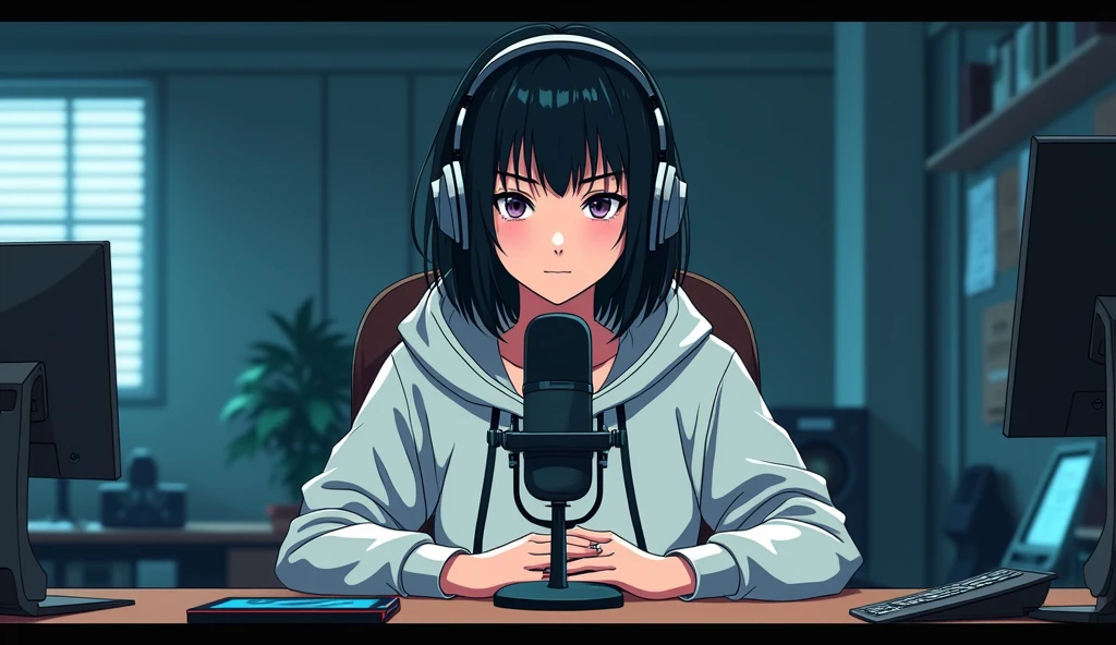 Create an anime-friendly looking female character with headphones who appears handsome and smart.with headphones , SHe has a good face and is wearing a hoodie. The character is sitting behind microphone in office, with microphone infront, with his arms on the desk. It is night, and the room features cyberpunk futuristic envinronment. The female character is front-facing to the camera, looking straight and centered. This is a central portrait with an audio microphone on the desk near his mouth. The character's face should occupy about 1/3 of the image size. He is sitting straight, front view, and centered, looking straight ahead. The overall ambiance of the image should convey a connection to minimalism, with flat illustration, bold lines, simplification, and a gouache illustration style. The image should be in 8K resolution.